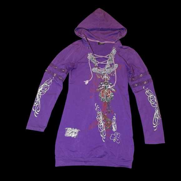 Christian Audigier Purple Hoodie Dress
